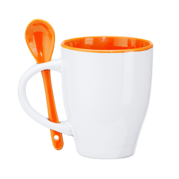 Ceramic Mug With Orange Interior & Orange Spoon