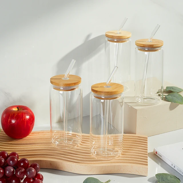 Can Shaped Glass With Bamboo Lid & Glass Straw